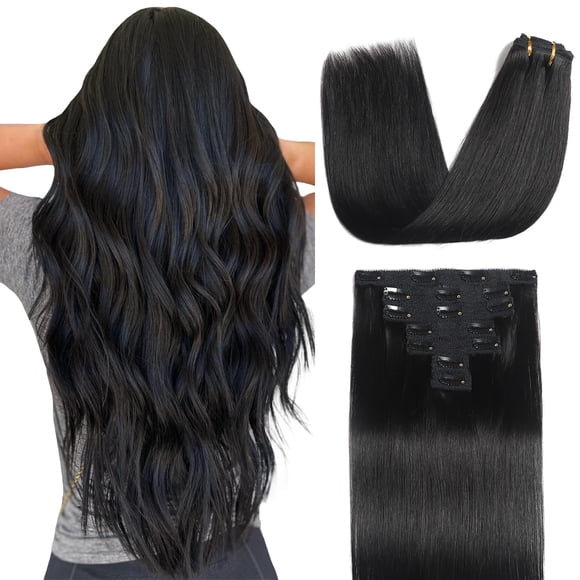 Sisily Clip in Hair Extensions Real Human Hair, 24 Inch Premium Human Hair Clip in Extensions Natural Black, Soft Straight Hair Extensions Real Human