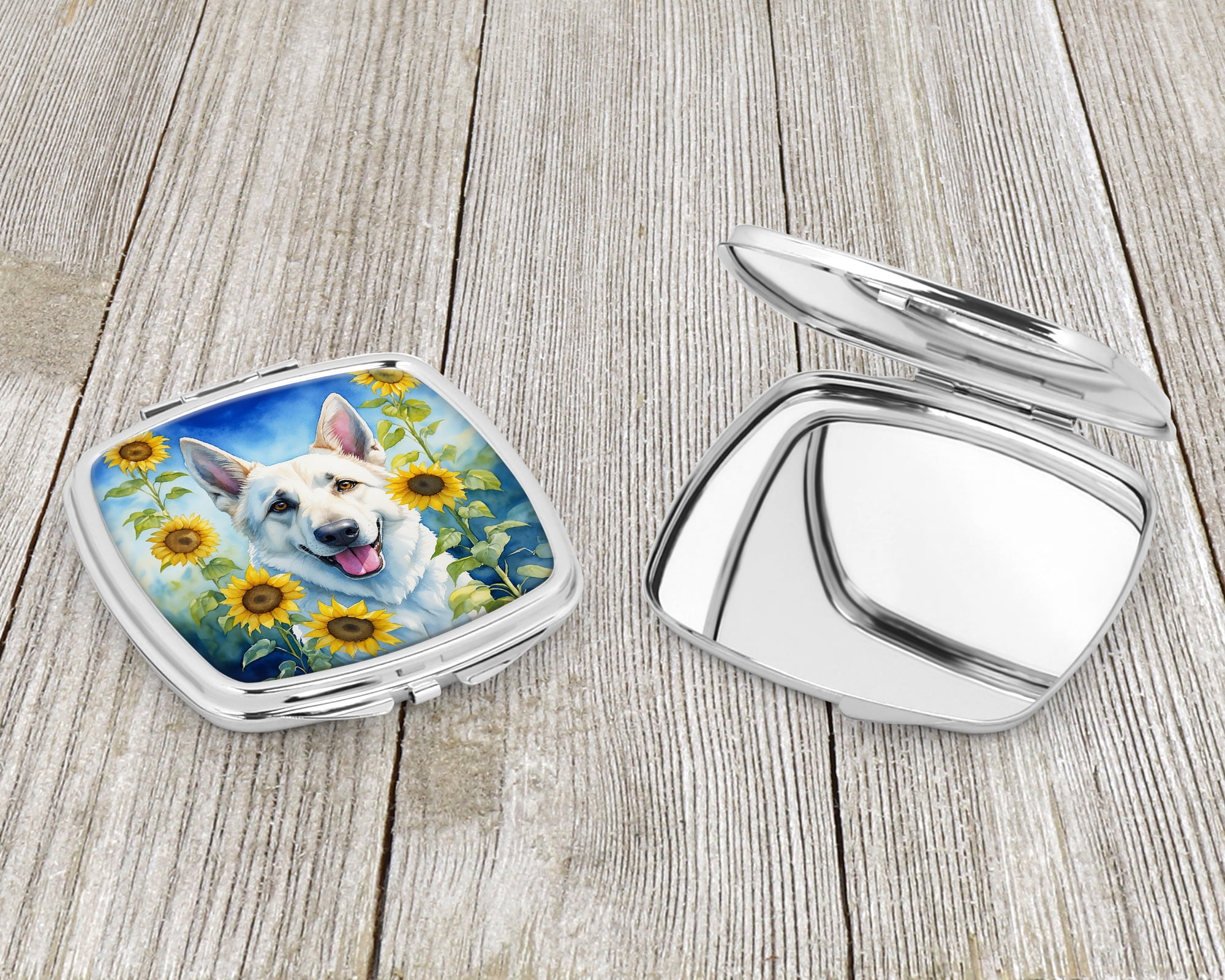 White German Shepherd in Sunflowers Compact Mirror 2.75 in x 3 in