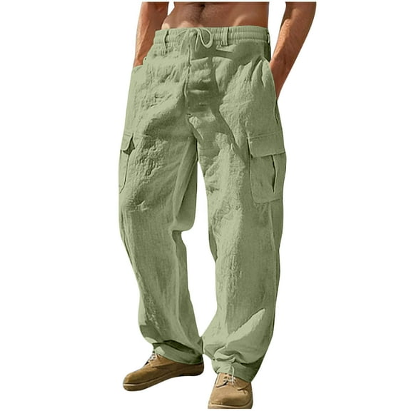 successthop Mens Lightweight Cargo Pant Drawstring Solid Workwear with Multiple Pockets Straight Casual Trousers