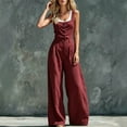 thumbnail image 5 of Women's Spaghetti Strap Cowl Neck Jumpsuit, Front Button High Waist Wide Leg Full Length Loose Solid Color Romper with Side Pockets Wine XL(XL), 5 of 6