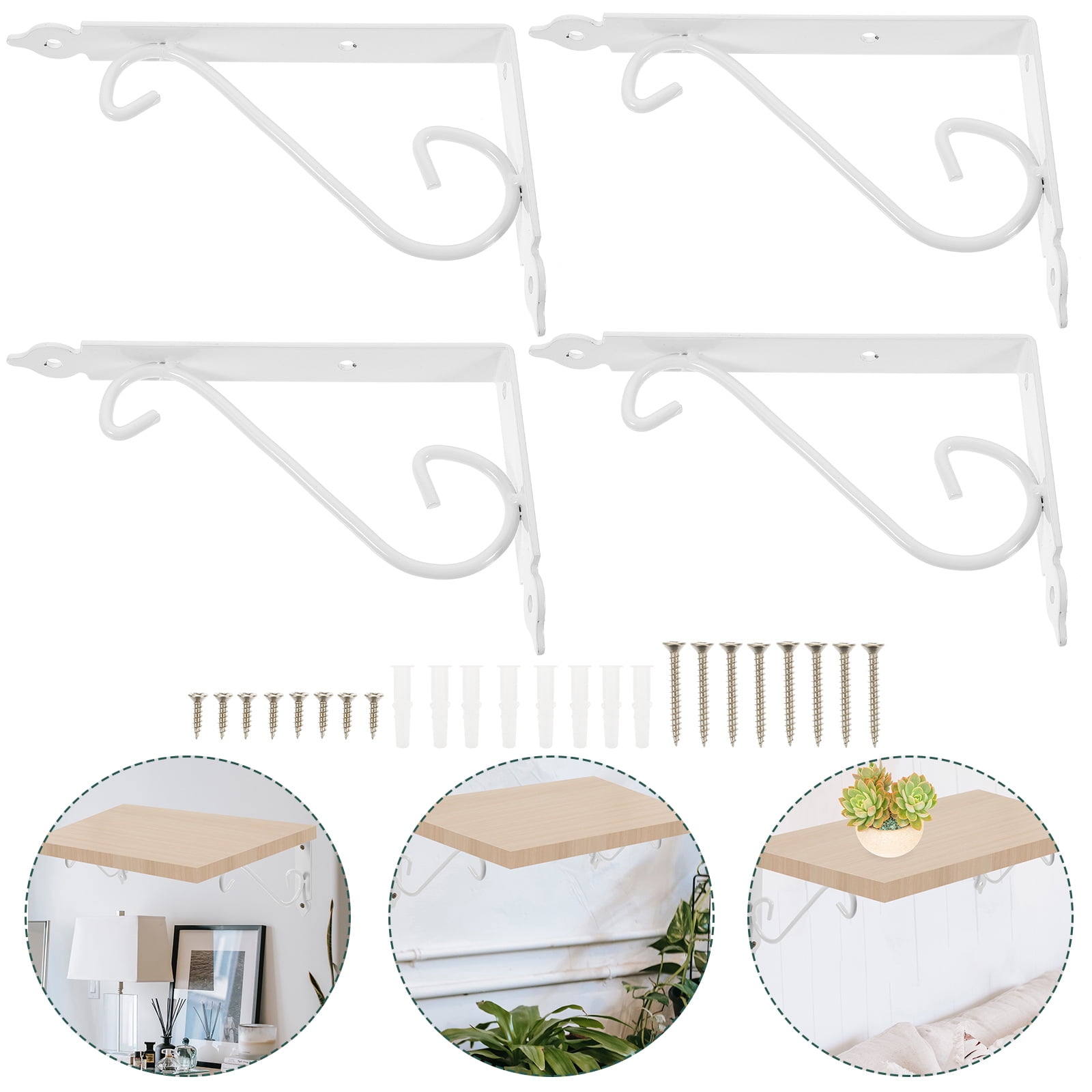 FOLOYORI 4Pcs White Floral Pattern Wall Brackets Firm Support for Home Shelf Installation