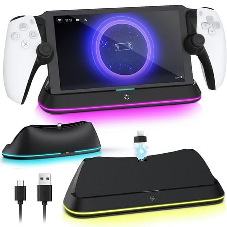 Charging Stand for PlayStation Portal, Enhanced Stability Charger Dock or Station with On/Off RGB Light and Type-C Cable, Pogo Pin Adapter and 30° Comfort Angle Design for PS Portal (Black)