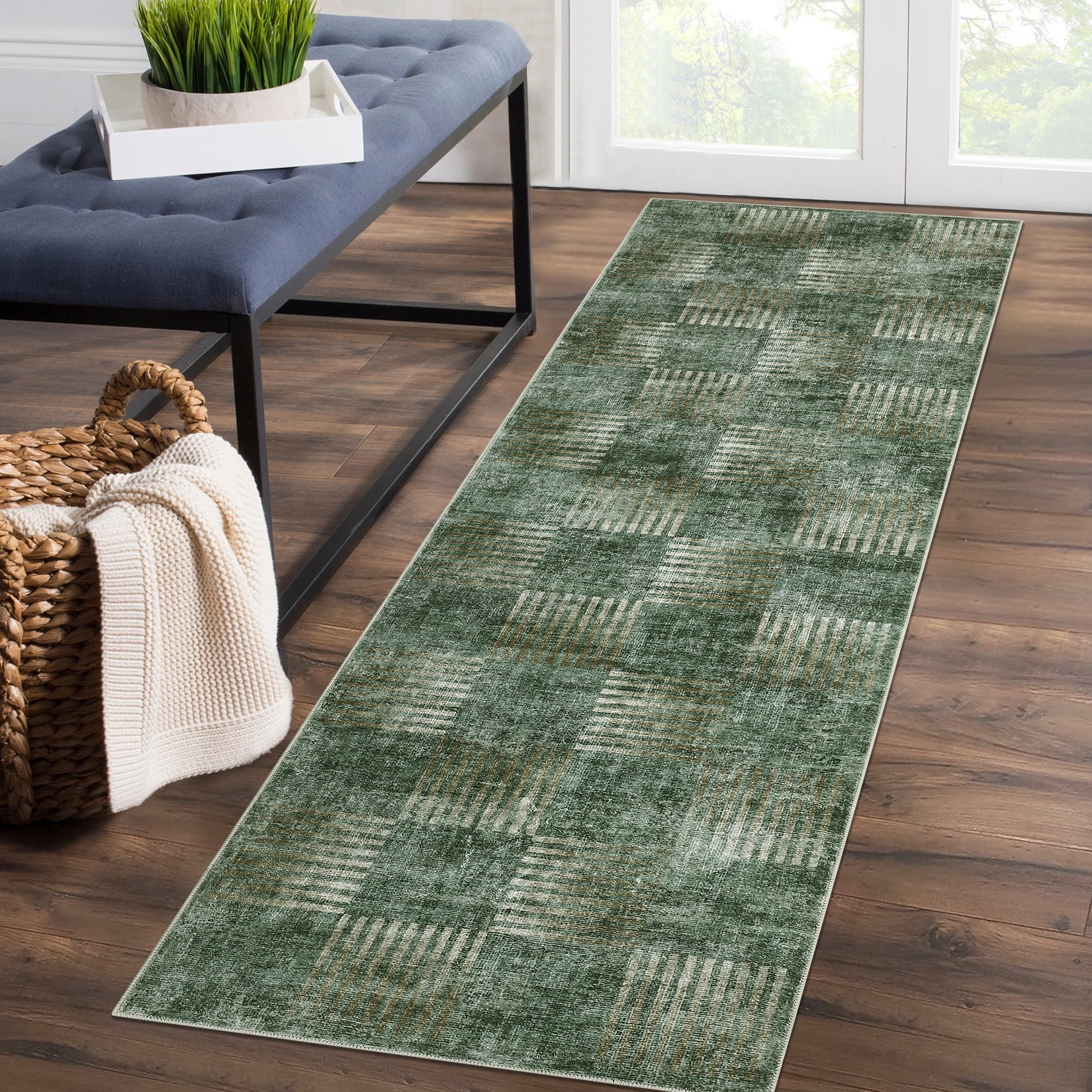 Tzou Modern Washable Runner Rugs 2'x6' for Hallway, Soft Plaid Carpets Non-Slip, for Entryway Kitchen