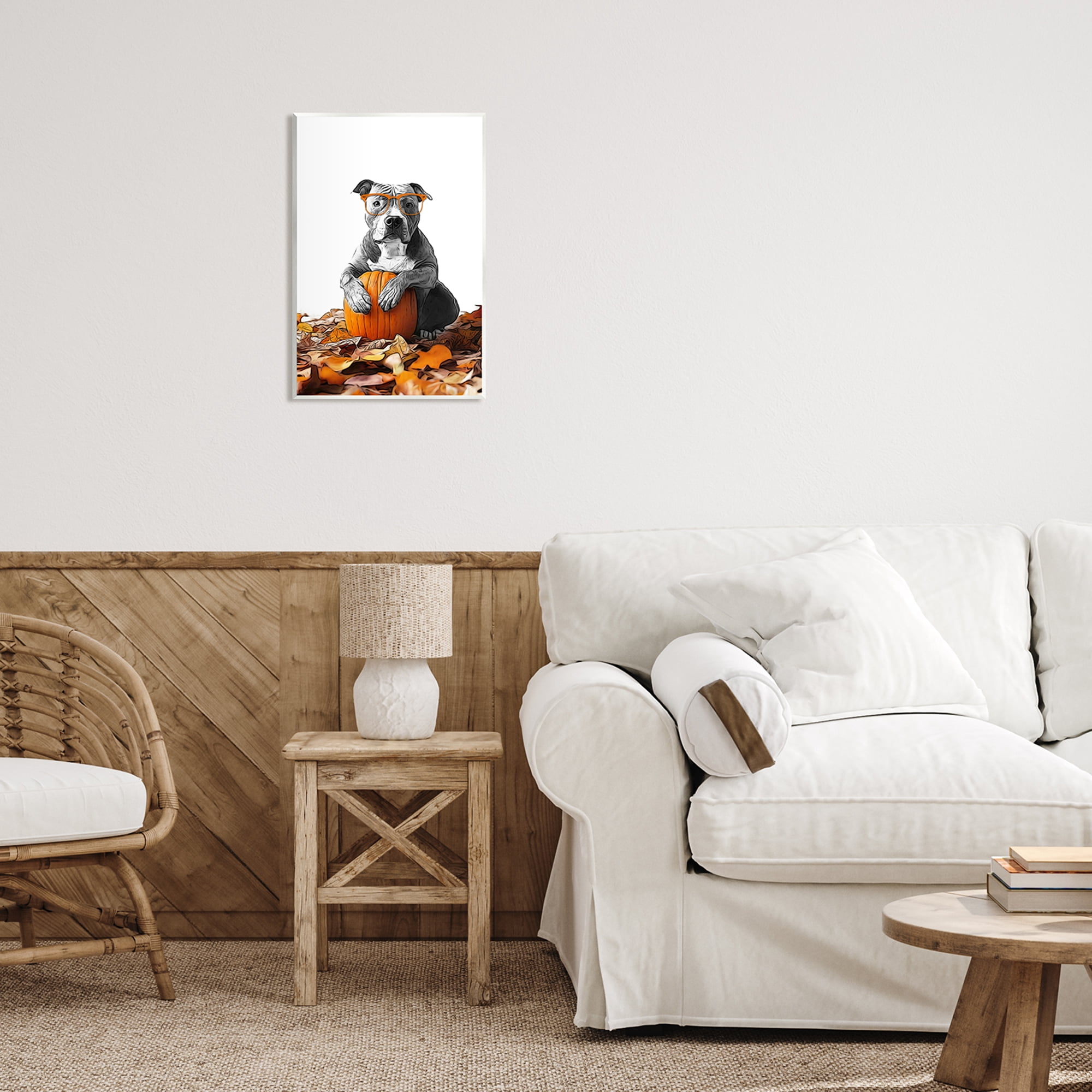 Stupell Industries Pit Bull Autumn Leaves Holiday Painting Unframed Art Print Wall Art, 13 x 19