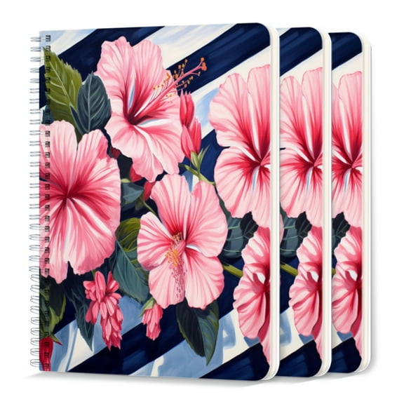 Spiral Journal Notebook,50 Sheets A5 College Ruled Notebook/Journal 3 Pcs for School Office Home - Pink Hibiscus Flowers Against Navy And White Striped Background