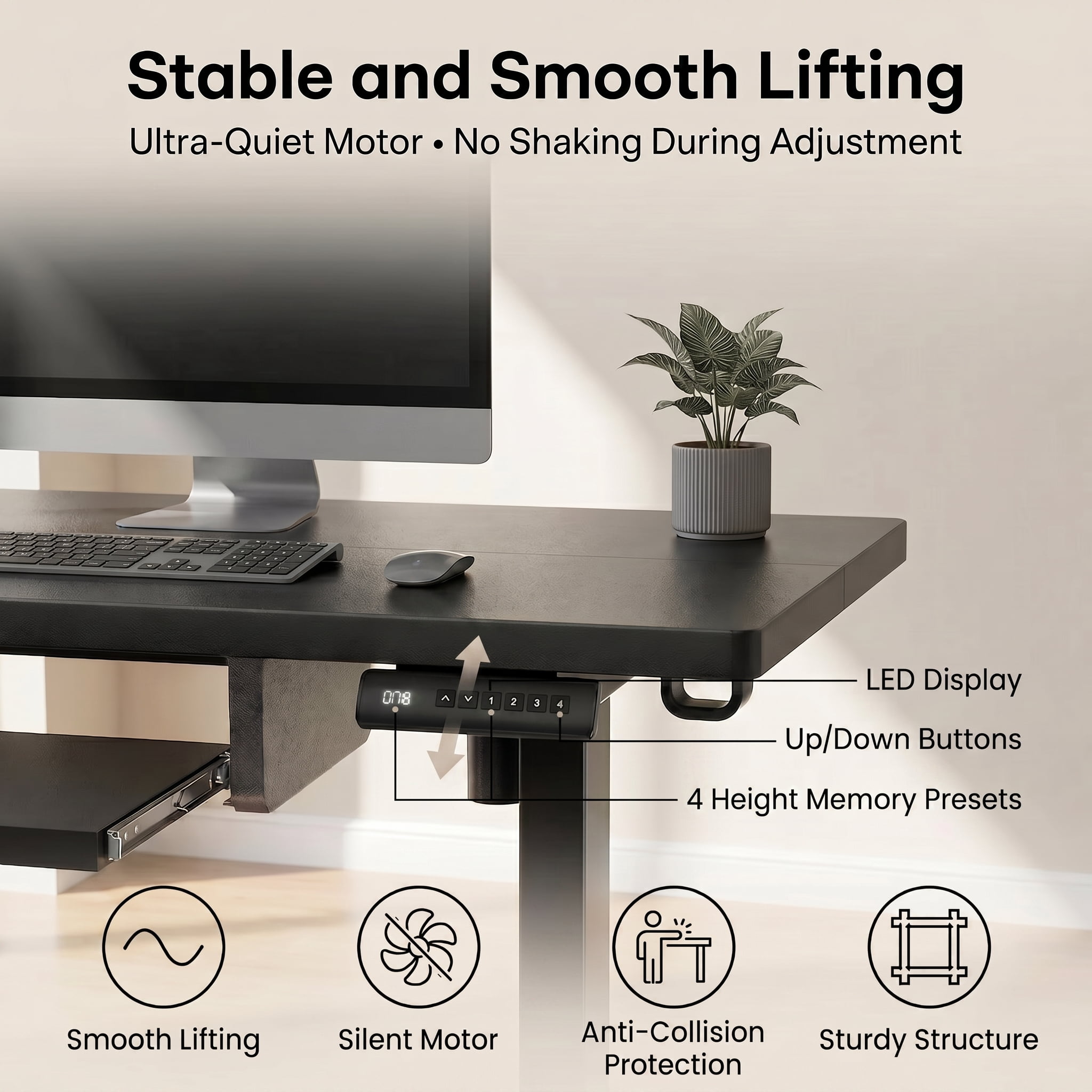 55" x 24" Electric Standing Desk with Keyboard Tray, Height Adjustable Sit Stand up Desk with Headphone Hook & 4 Height Memory Pre-Set for Home Office, Black