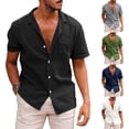 thumbnail image 2 of Camisa informal de lino y algodón para hombre, camisa holgada de manga corta con cuello de solapa, Color sólido, Moda de Primavera y verano, 2023, 2 of 3