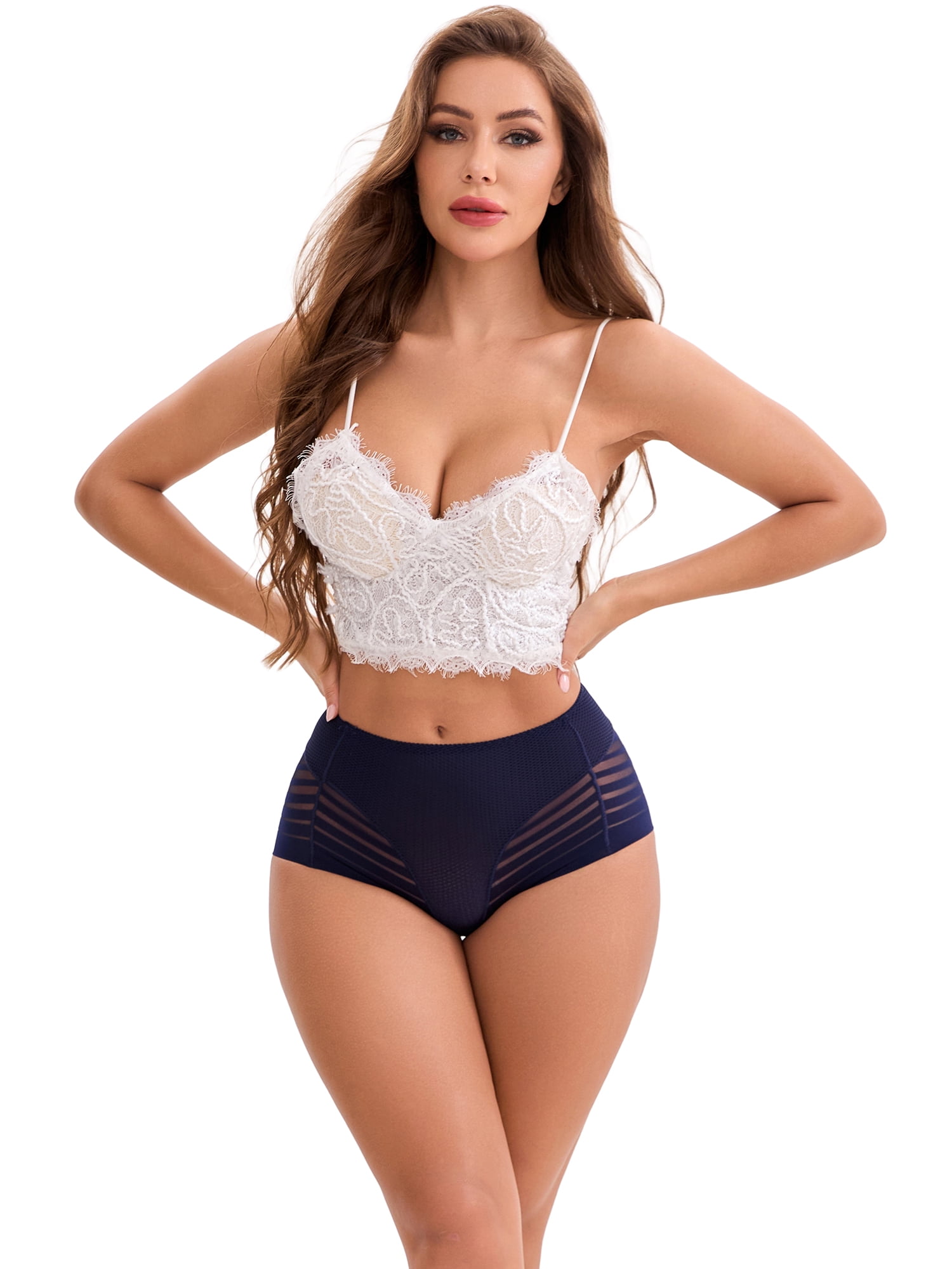 DARING DIVA Women's Lace Mesh High Waisted Invisible Tummy Control Panties XL Dark Blue