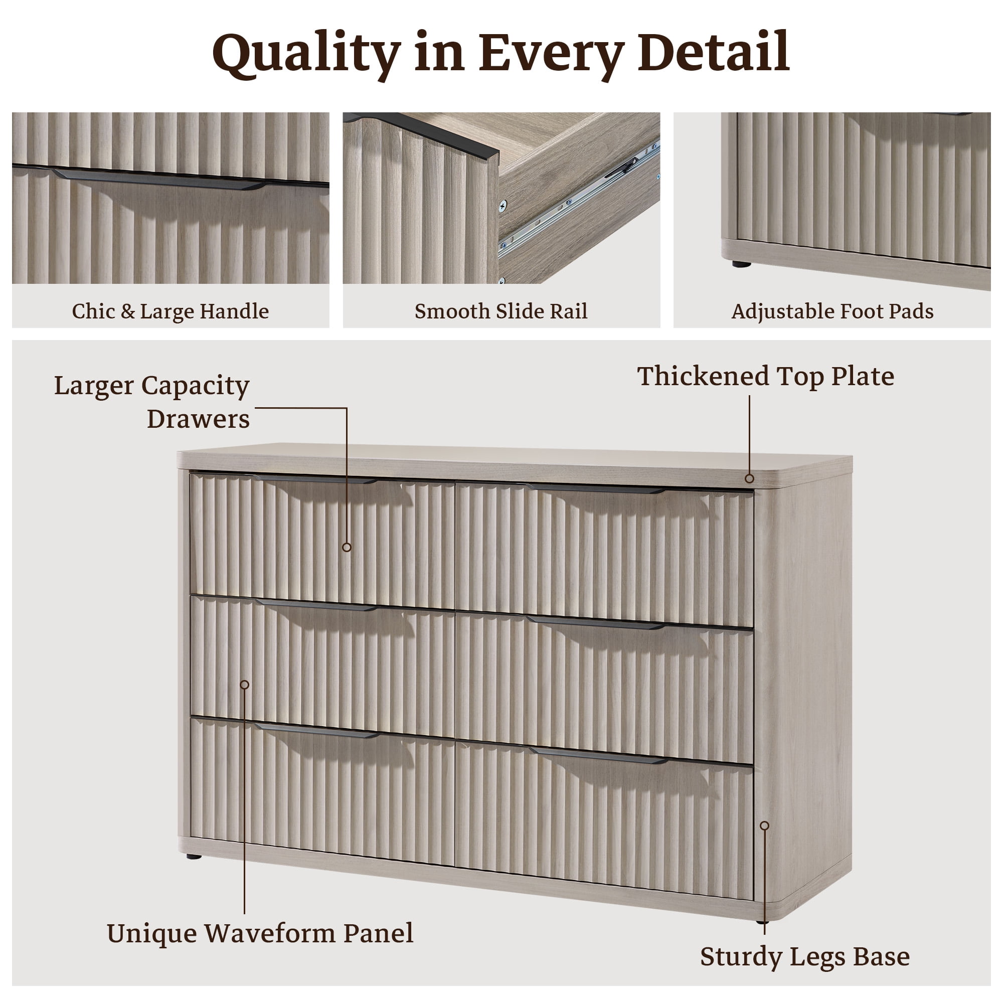 SICOTAS 53.5" Wide 6 Drawer Dresser for Bedroom, Farmhouse Chest of Drawers with Black Handles, Fluted Wood Storage Cabinet for Living Room, Light Grey