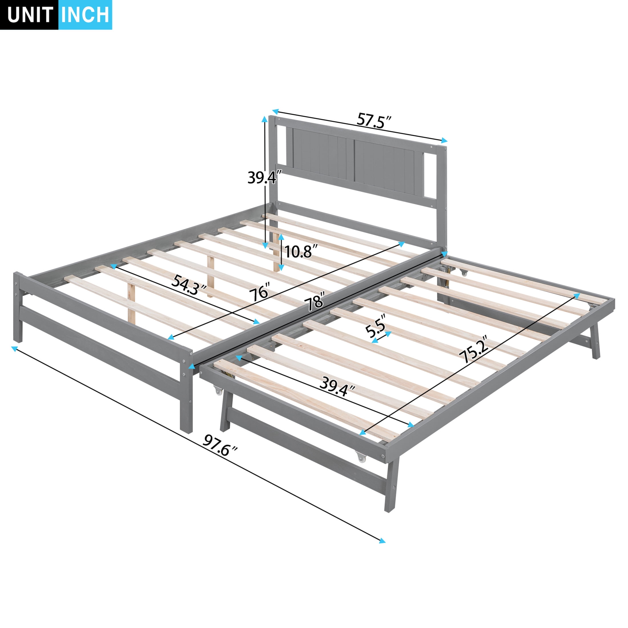 Noble House Rhea Full Size Platform Bed with Pop Up Adjustable Trundle, Solid Pine Wood Frame, Heavy Duty, Gray