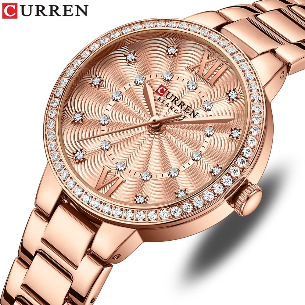 CURREN Luxury Quartz Watch For Women Rose Dial Fashion Rhinestones Wristwatch Stainless Steel Women's Watches Original Brand
