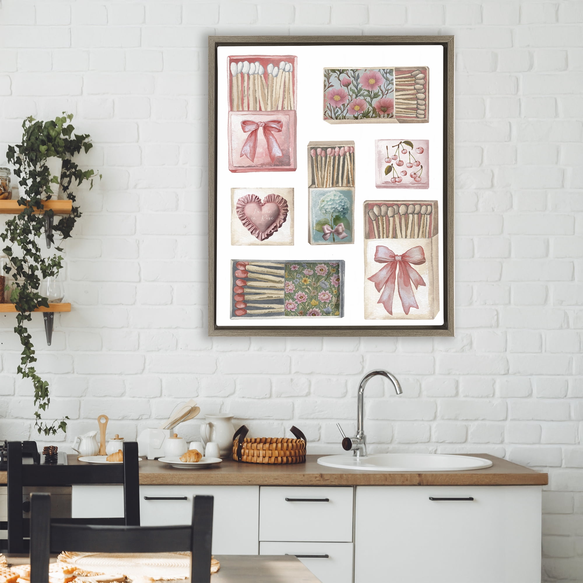 Stupell Industries Vintage Feminine Matchbooks Brown Framed Floater Canvas Wall Art, design by Elizabeth Medley