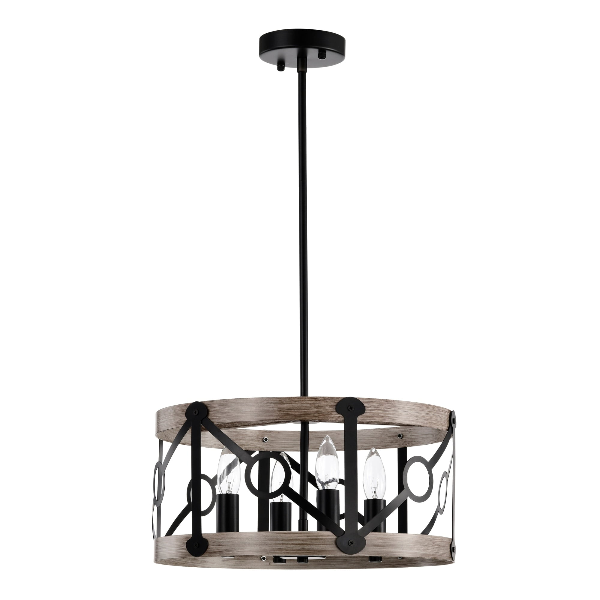 Copas 16 in. 4-Light Indoor Matte Black and Faux Wood Grain Finish Chandelier with Light Kit