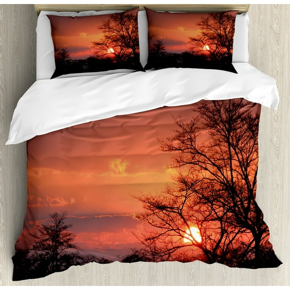 African Duvet Cover Set, Sunset Kwando River Caprivi Strip Namibia Evening Wilderness National Park, Decorative 3 Piece Bedding Set with 2 Pillow Shams, King Size, Coral Orange Black, by Ambesonne