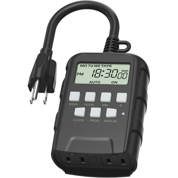 7 Day Outdoor Heavy Duty Digital Programmable Timer, 125VAC, 60Hz, Dual Outlet, Weatherproof, Heavy Duty, Accurate for Lamps Ponds Christmas Lights 1875W 1/2HP ETL Listed