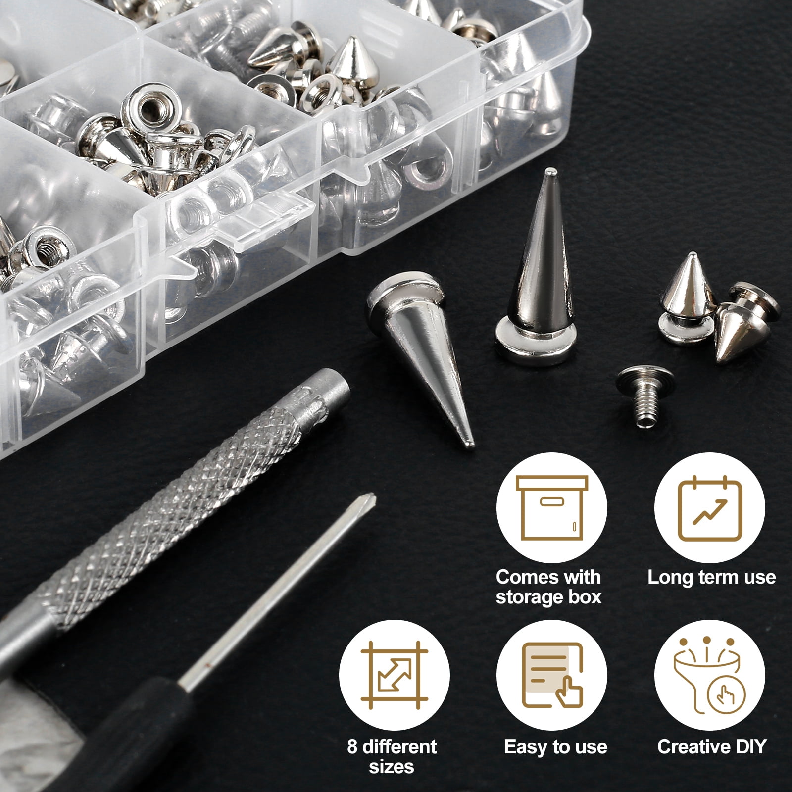 Ikoopy 718Pcs Punk Spikes and Studs Kit Zinc Alloy Silver Cone Spike and Stud Rivet Kit 8 Size Metal Leather Tree Spike Assortment Tool for Clothing Jacket Shoes Wallet