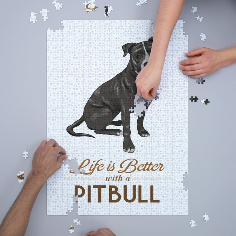 Pitbull, Black and White, Life Is Better (1000 Piece Puzzle, Size 19x27, Challenging Jigsaw Puzzle for Adults and Family, Made in Usa), Multicolor