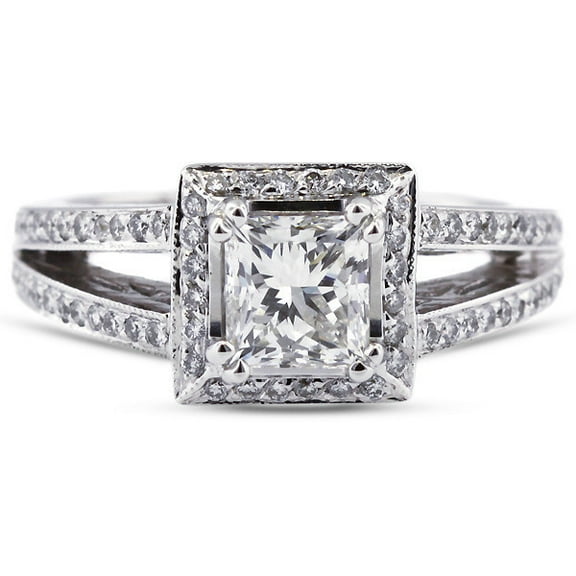 Women's Princess Cut Diamond Ring, Split Shank Diamond Engagement Ring, Halo Diamond Ring, Double Prong Set Diamond Ring, 925 Sterling Silver, 2.2 Ct Simulated Diamond