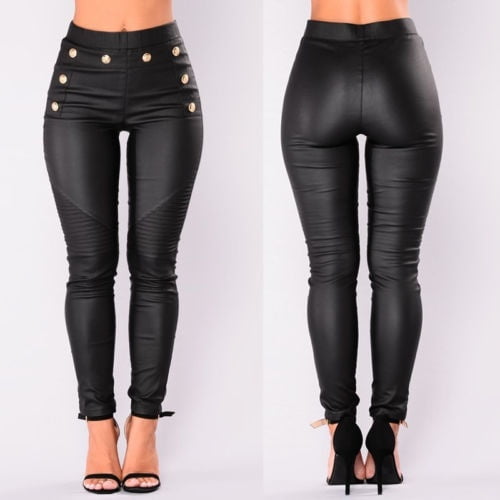 New Womens PU Leather Pants Stretchy Push Up Pencil Skinny Tight Leggings 