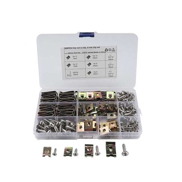 Sidaley 200 Uds. Tuerca de Clip para motocicleta, tuerca de caña en forma de U, juego de tuercas de Clip de hierro con caja de almacenamiento, Clips de Cámaras de salpicadero de coche Sidaley VI003181-00