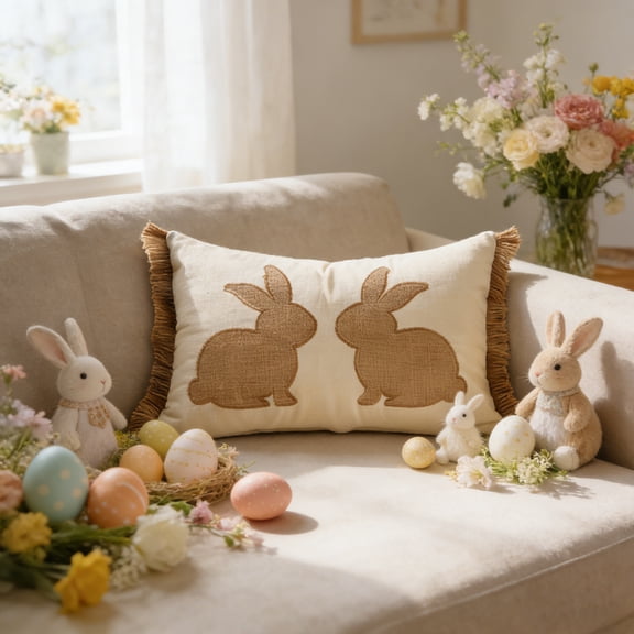 Easter Bunny Embroidered Pillow Cover, Lumbar Throw Pillow for Spring Farmhouse Home Decor, Beige
