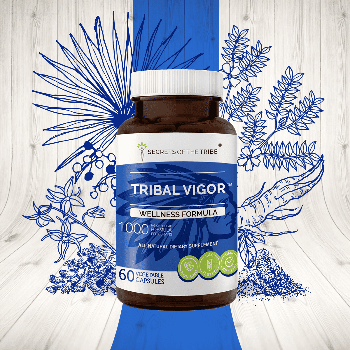 Secrets of the Tribe Tribal Vigor Capsules Dietary Supplement, Natural Herb Blend, Made from Eleuthero Siberian Ginseng, Catuaba, Barrenwort - Horny goat weed, Muira Puama, Saw Palmetto 60 Count