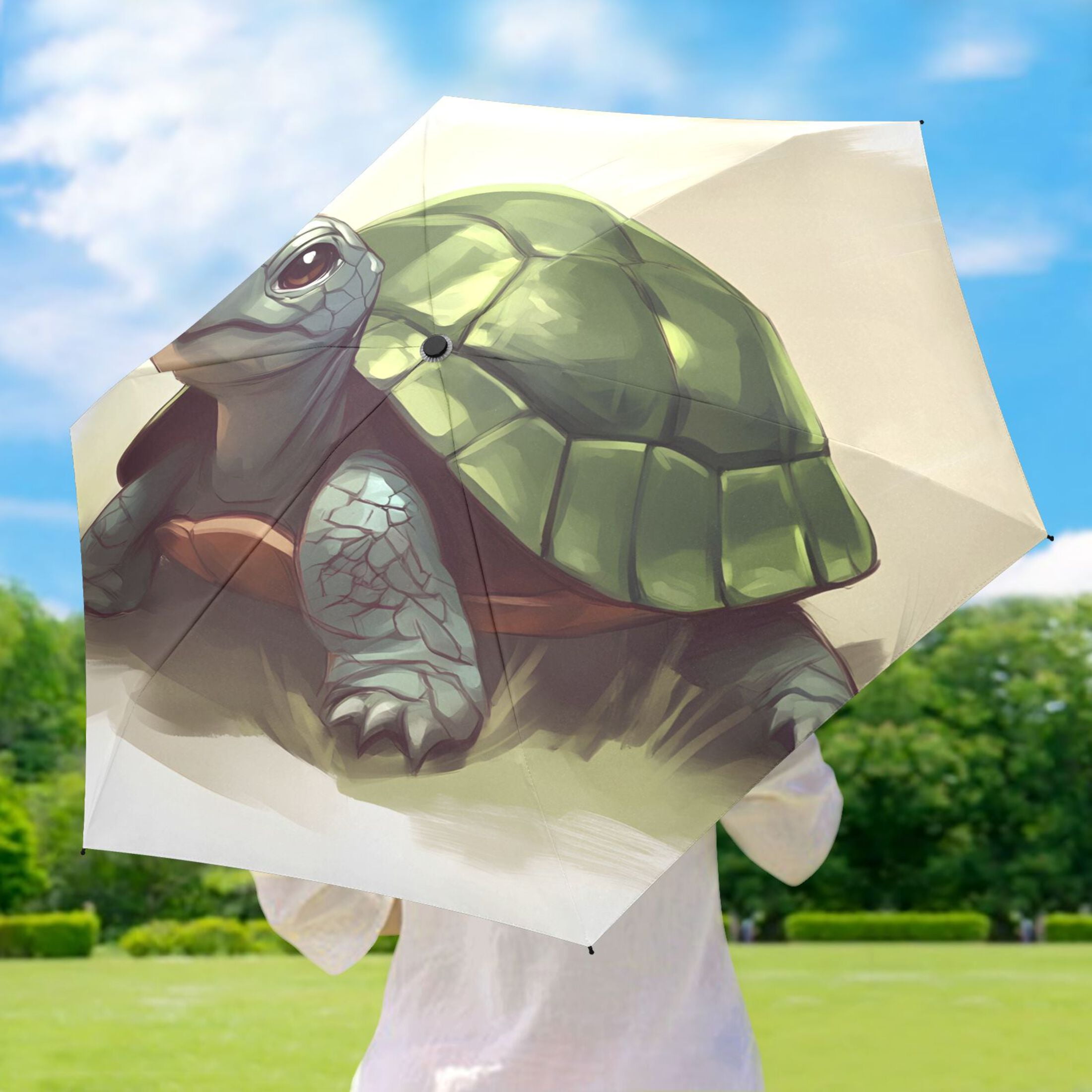 Child's Sketch Turtle Umbrellas for Sun Auto Open Close UV50+ Waterproof 5-Fold Compact Fiberglass Frame