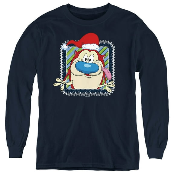 Ren & Stimpy Festive Stimpy With Christmas Santa Hat Kids Long Sleeve T-Shirt for Youth Boys and Girls