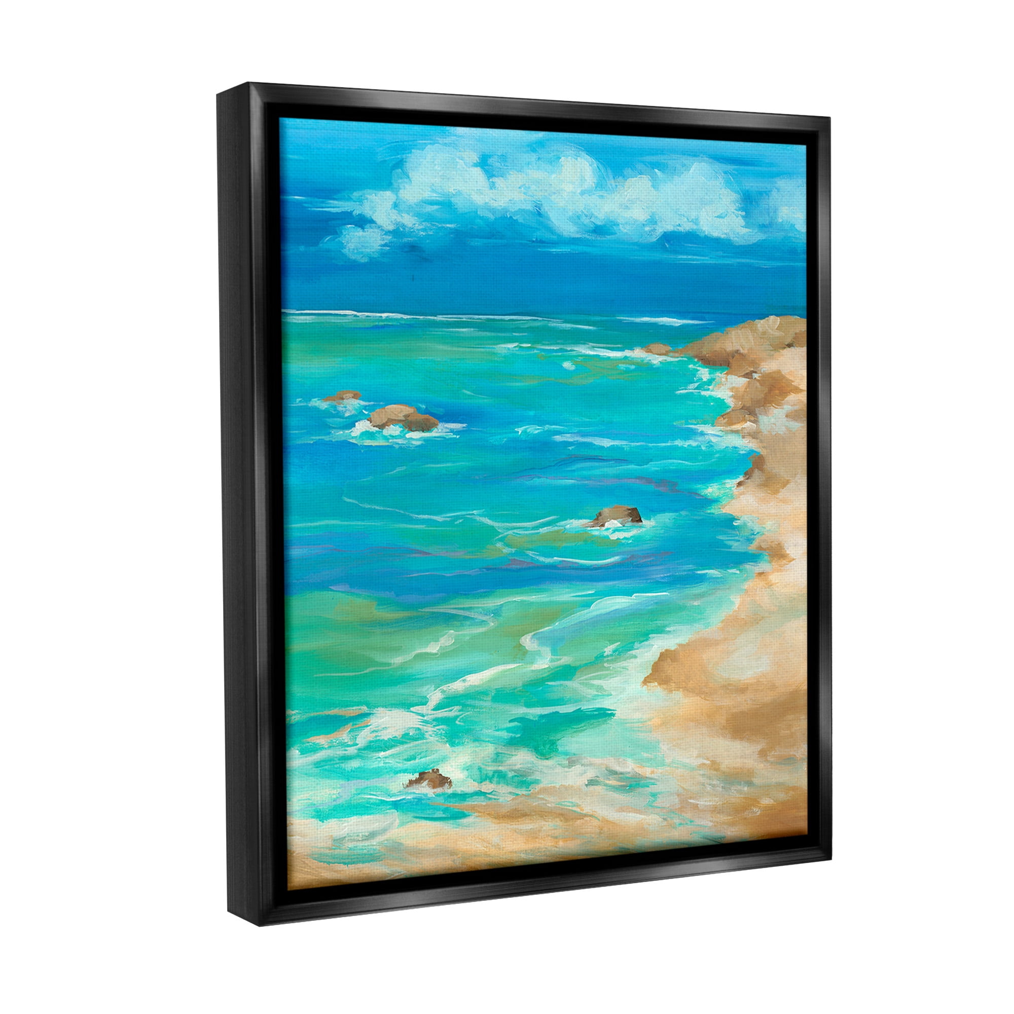 Stupell Industries Vivid Rocky Beach Cove Landscape Painting Black Floater Framed Canvas Art Print Wall Art, 17 x 21