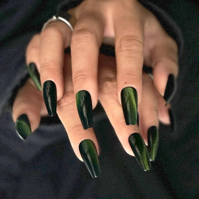 Uñas postizas press on BABALAL largas verde ojo de gato magnético 24 piezas
