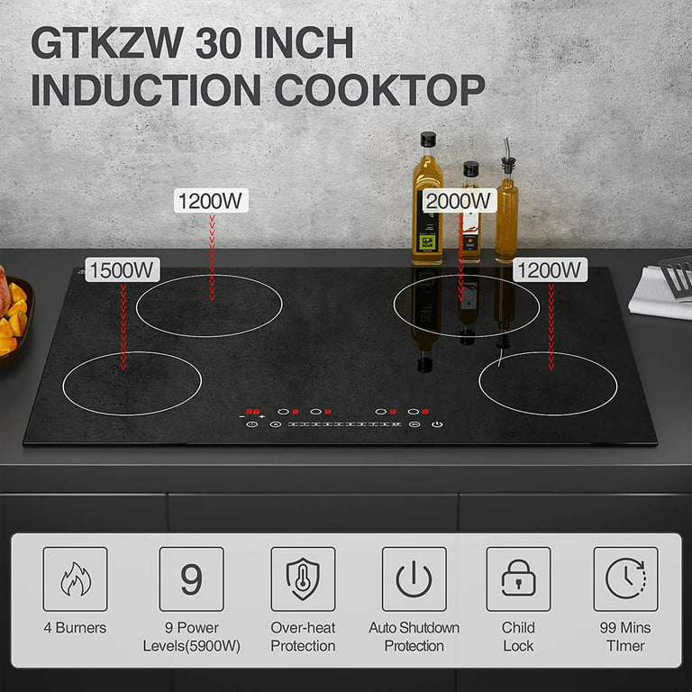 30 inch Induction Cooktop, thermomate Built-in Electric Stove Top, 240V Electric Smoothtop with 4 Boost Burner, 9 Heating Level, Timer, Kid Safety