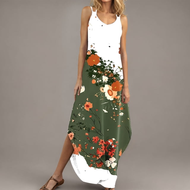 Liquidation à Moins de 10 $ Cagogo Robe d'Été Dos Nu pour Femmes Décontractée Ample Vintage Florale Cocktail Invité de Mariage Sans Manches Fluide Col en V Tendance Plage Vacances