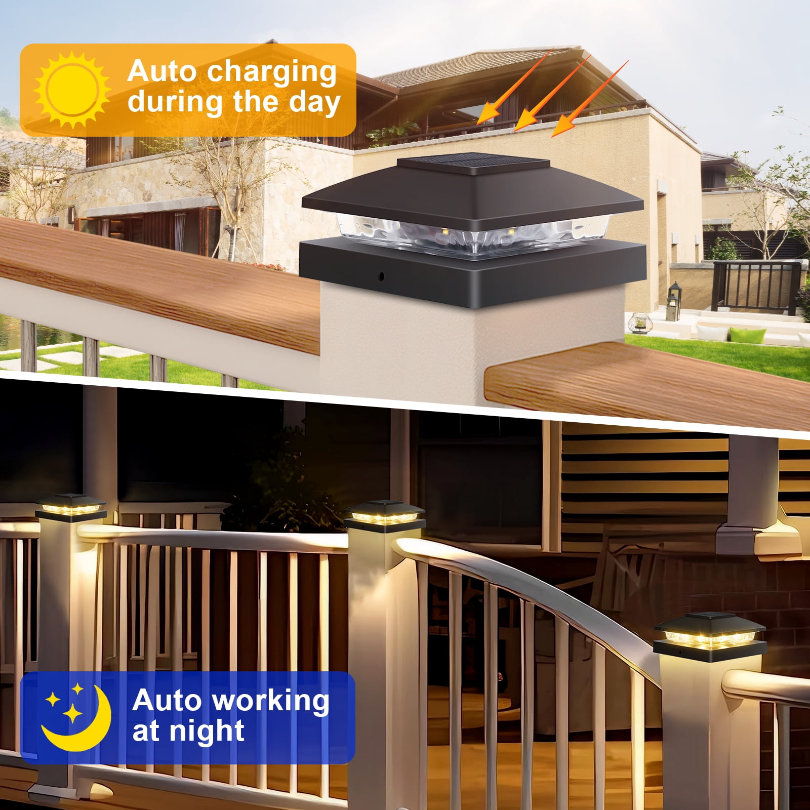 Ninonly 6 Pack Solar Post Cap Lights Outdoor, Waterproof LED Solar Fence Post Lights for 4x4 Wood/Vinyl Posts, Black Solar Powered Deck Post Lights for Garden Patio Fence Porch Deck Decor