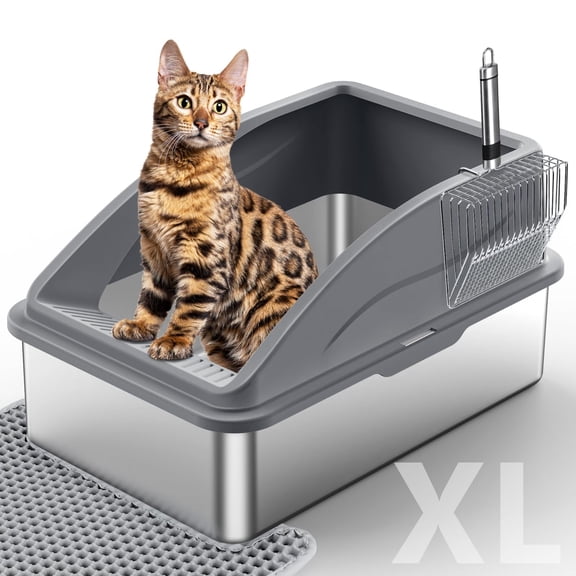 Stainless Steel Litter Box, Extra Large Litter Boxes for Big Cats, XL Metal Cat Litter Box with Lid, Anti-Urine Leakage, Non-Sticky, Include Cat Mat and Litter Scoop