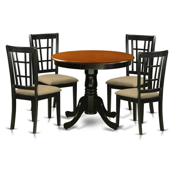 East West Furniture Antique 5-piece Dining Set with Linen Chairs in Black/Cherry