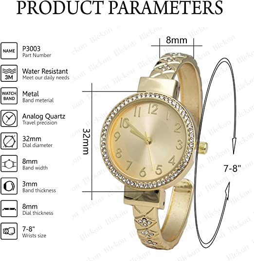 Blekon Collections Womens 32mm Case Plaided Designed Rhinestone Cuff Bangle Watch