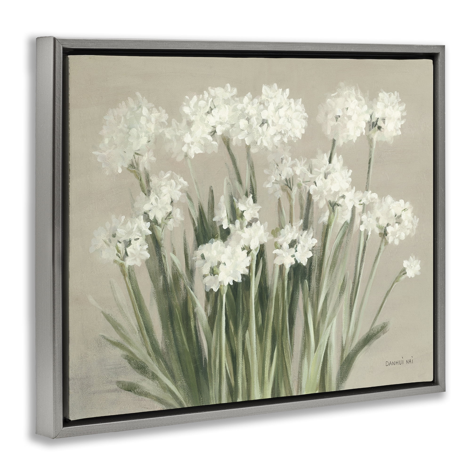 Stupell Industries Snowy Floral Paperwhites Botanical & Floral Painting Gray Floater Framed Art Print Wall Art, 31 x 25