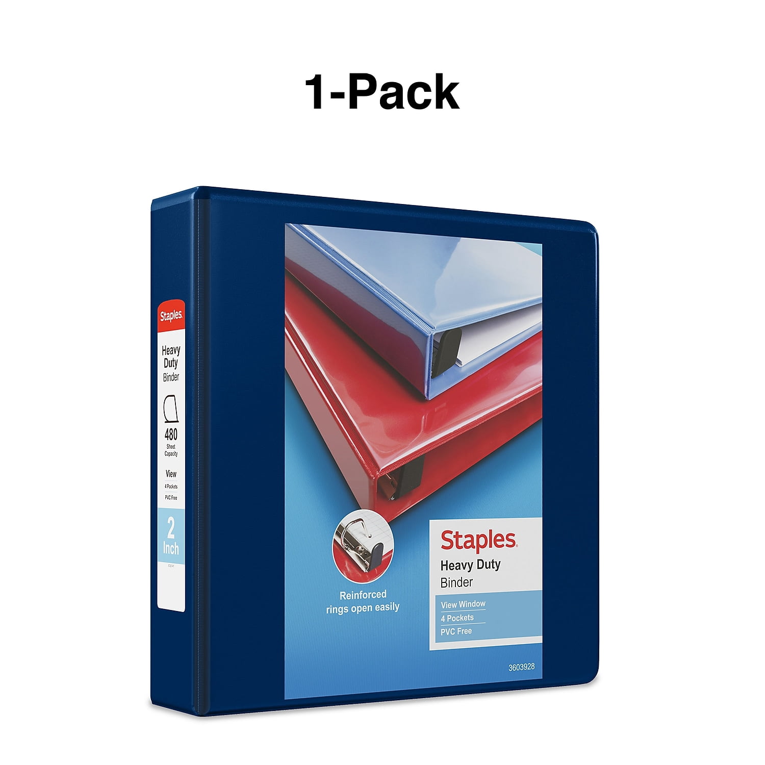Staples Heavy Duty 2" 3-Ring View Binder with D-Rings and Four Interior Pockets Navy Blue  3/Pack