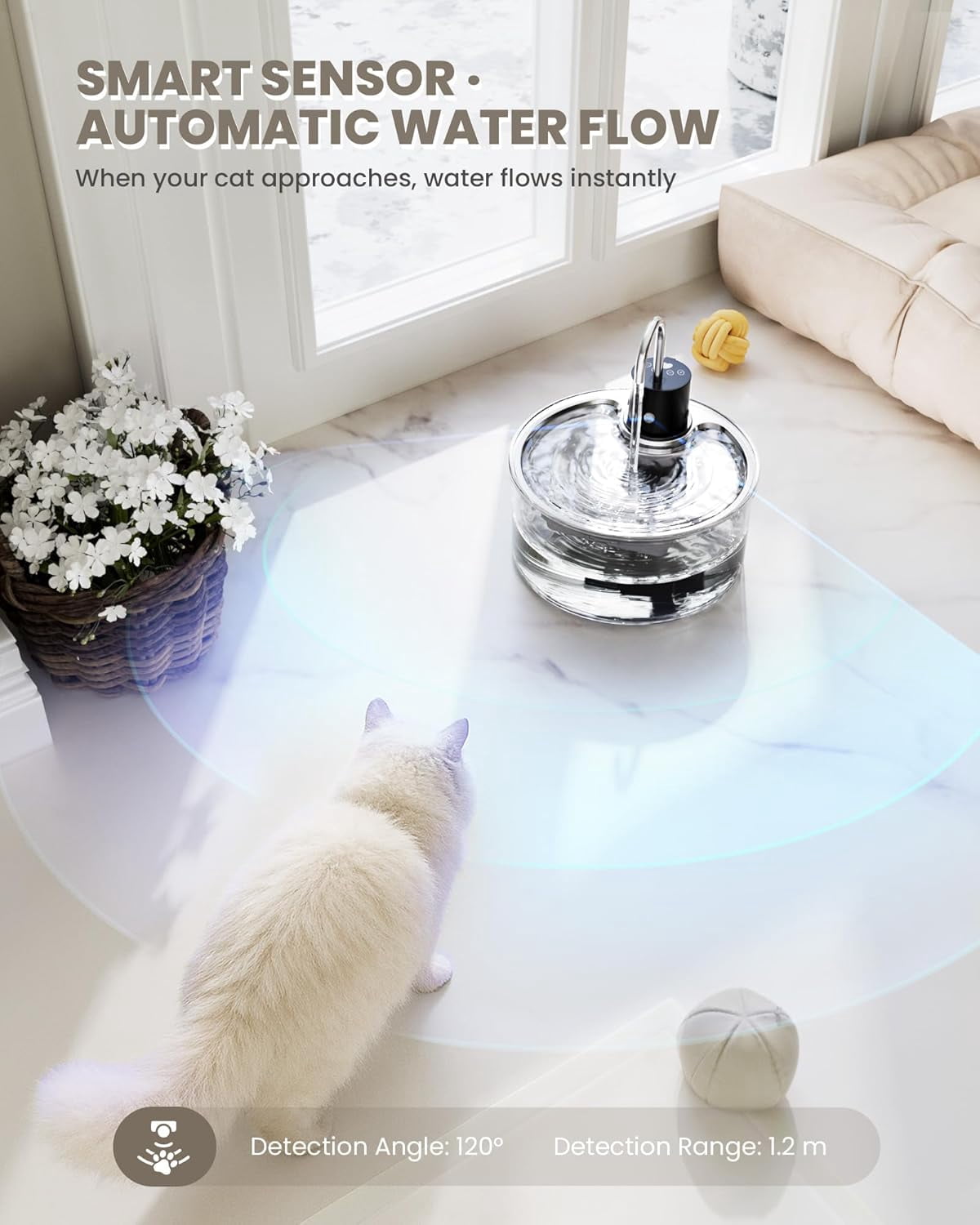 Cordless Rechargeable 108oz Glass Cat Water Fountain - Ultra-Quiet Automatic Pet Water Dispenser for Multiple Pets