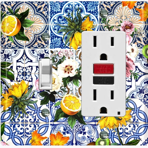 Metal Light Switch Plate Cover Floral Fruit Blue Tile Pattern Collage TIL004