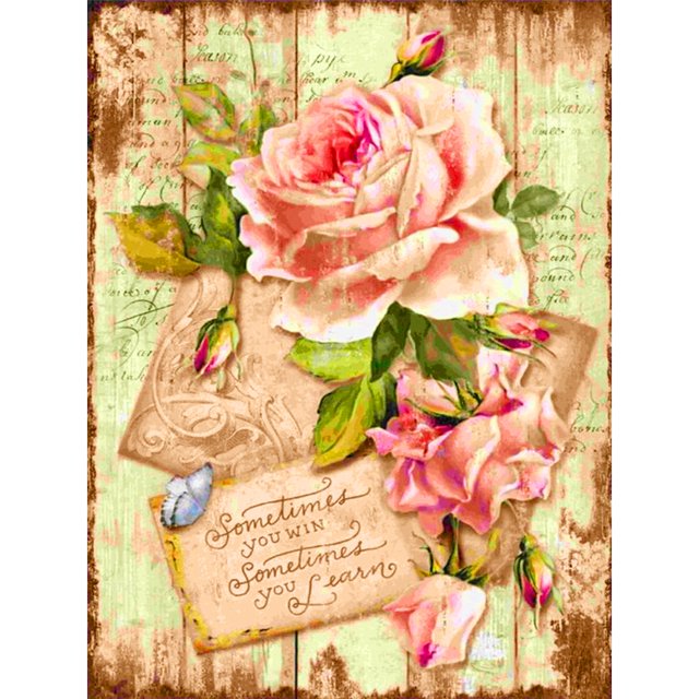 Pintura de diamante 5D DIY Taladro redondo completo Rosas y letras Decoración para el hogar