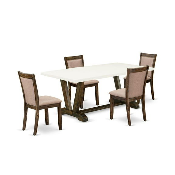 East West Furniture V727MZ716-5 5 Piece Dining Table Set - A Modern Kitchen Table with Trestle Base and 4 Kitchen Chairs - Distressed Jacobean Finish