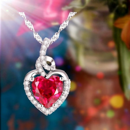 Devuggo 925 Sterling Silver Necklace Pendant Heart Created Ruby 925with 18 Chain, Mother's Day Gift