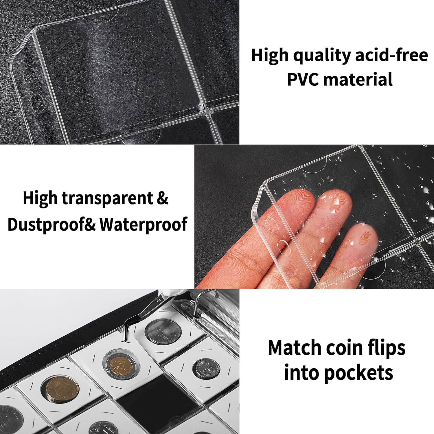 15 Sheets Coin Flip Pocket Pages - 300 Pockets for 2"x2"Coin Flip Standard 9-Hole Coin Binder Inserts Sleeves Coin Collection Pocket Pages