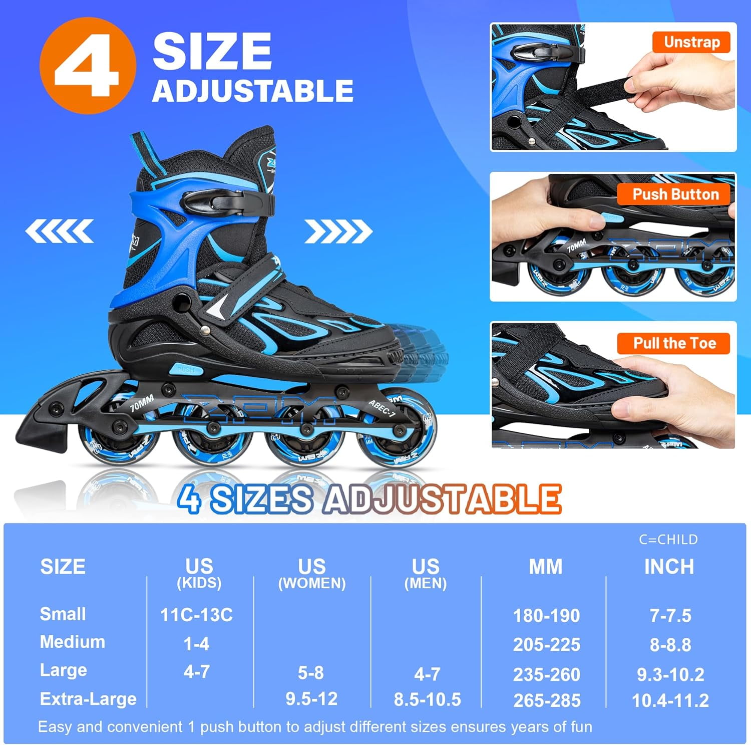 Adjustable Flashing Inline Skates, All Wheels Light Up, Fun Illuminating Skates for Kids Men Adult Women and Boys