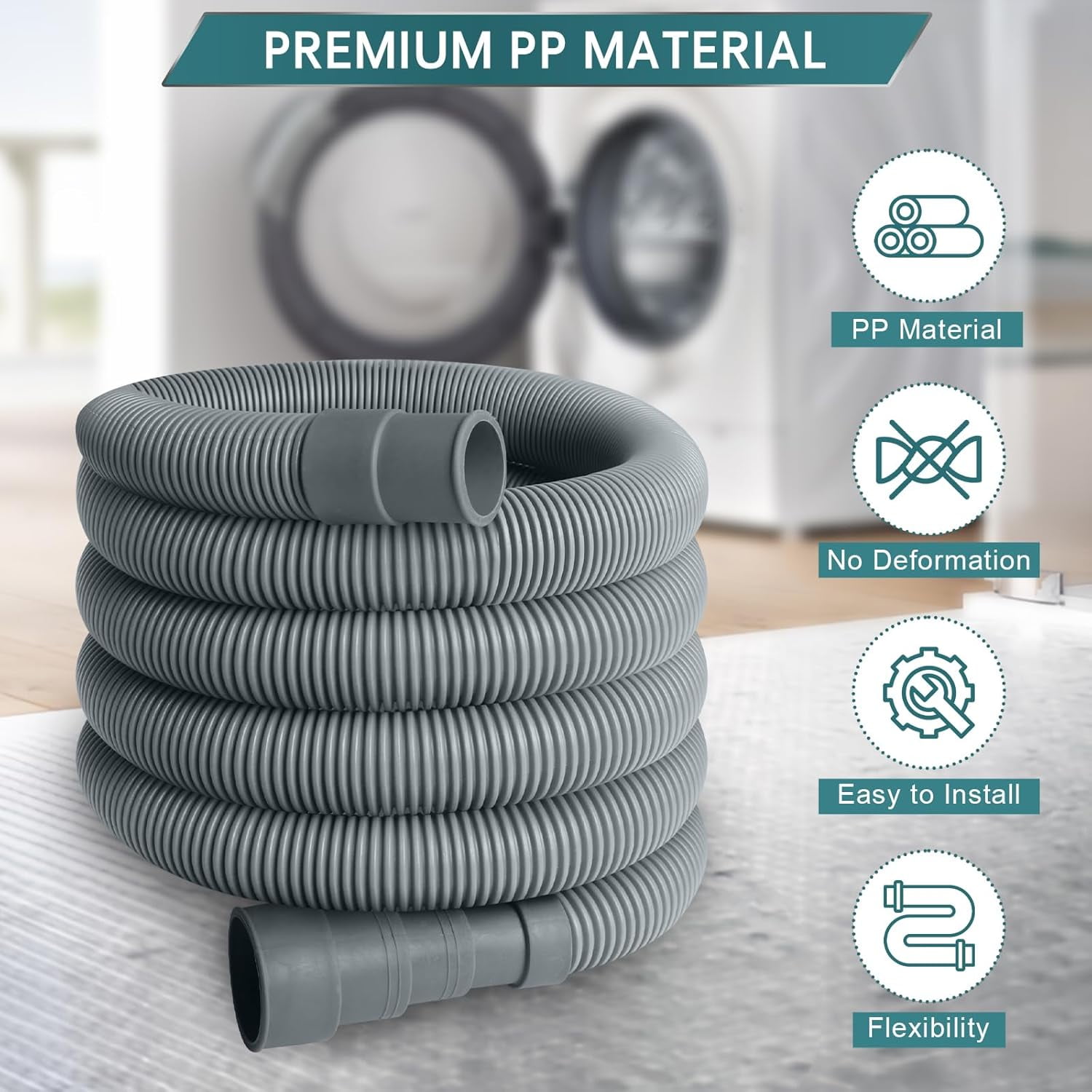 10FT Washing Machine Drain Hose, Universal Dishwasher Hose Extension Kit with 1 U-Bend Holder, 1 Extension Adapter and 4 Hose Clamps