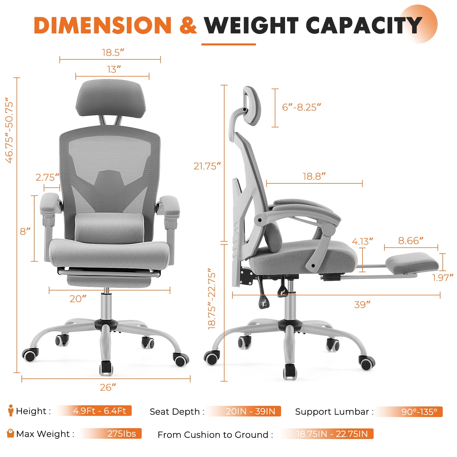 CONCETTA Ergonomic Mesh Office Chair, High Back Swivel Chairs with Adjustable Lumbar Support, Headrest, Footrest, and Armrests, Grey