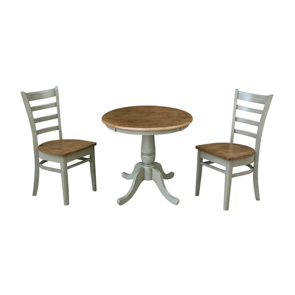 30'' Round Solid Wood Pedestal Dining Table with 2 Emily Ladder Back Dining Chairs in Distressed Hickory/Stone