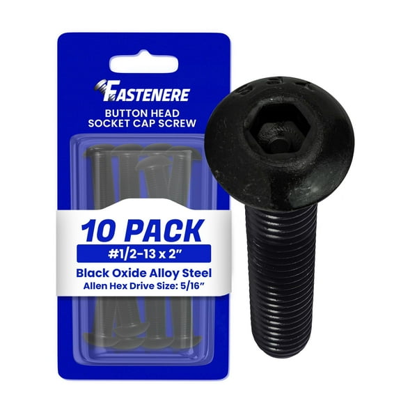 Fastenere Button Head Socket Cap Screws - 1/2-13 x 2" (10-Pcs) Alloy Steel, Fully Threaded, Fine Black Oxide Finish, Corrosion-Resistant, Machine Thread, Easy to Install w/ Allen Hex Drive