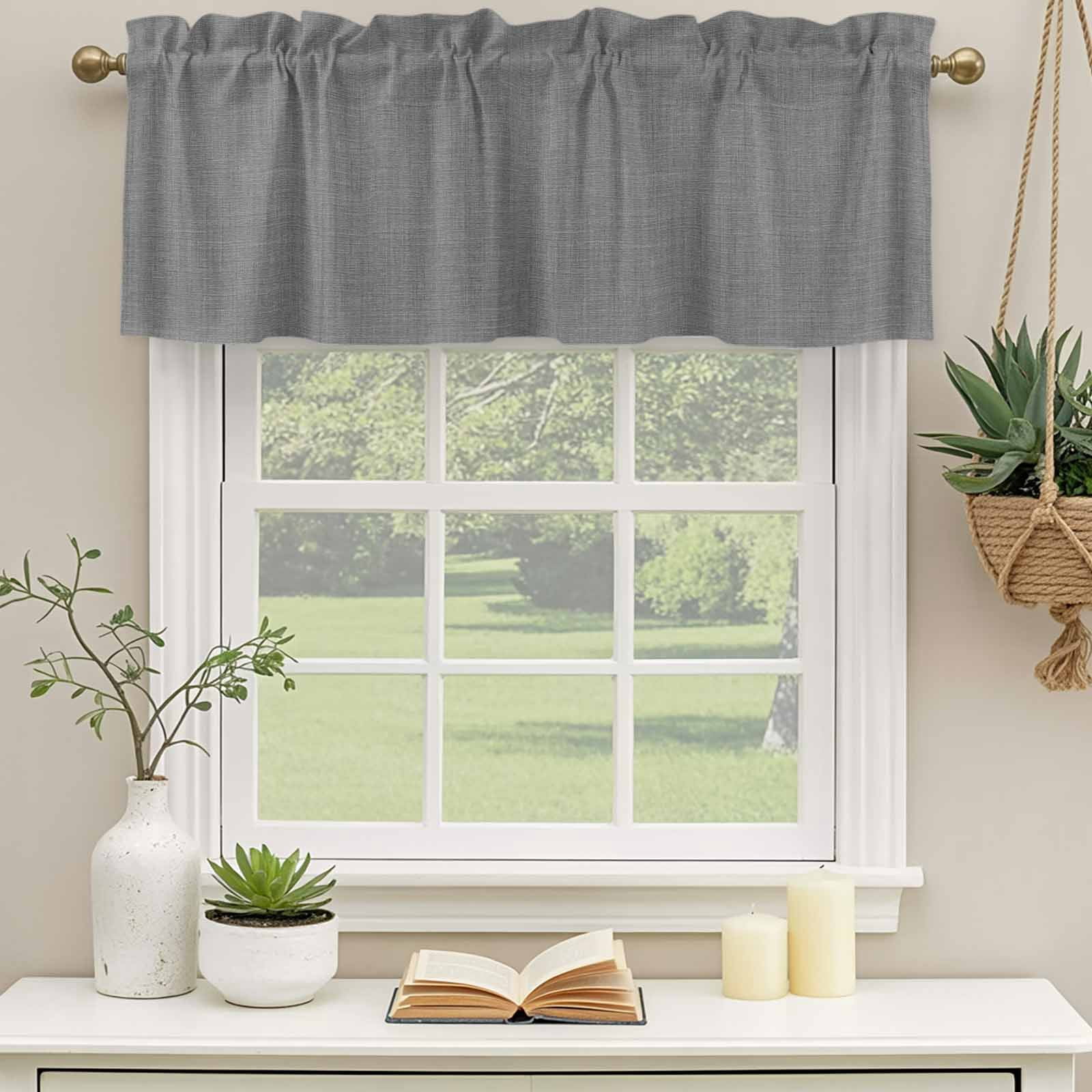 2 Pack Vintage Dark Gray Valances for Windows Bedroom Living Room Window Treatments, Farmhouse Retro Solid Color Linen Texture Rod Pocket Valance Drapes Short Kitchen Curtains Over Sink 42"x18"